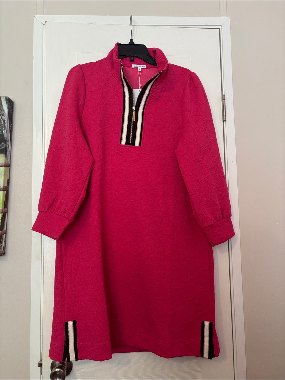 Women's Hot Pink Quarter-Zip Dress with Stripe Trim